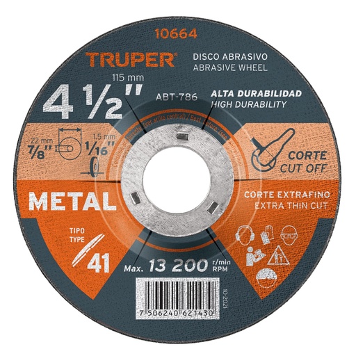 [10664] Disco de 4-1/2' para corte de metal, tipo 41, Truper