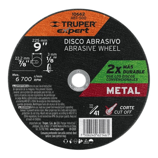 [10662] Disco para corte de metal, tipo 41, diámetro 9' Expert