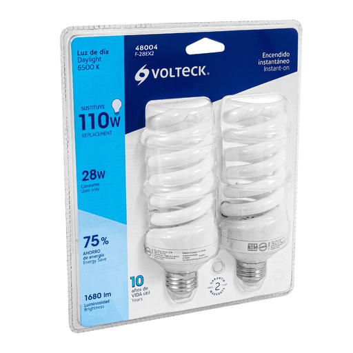 [48004] Pack 2 lámparas espiral T4 28 W luz de día, blíster, Volteck