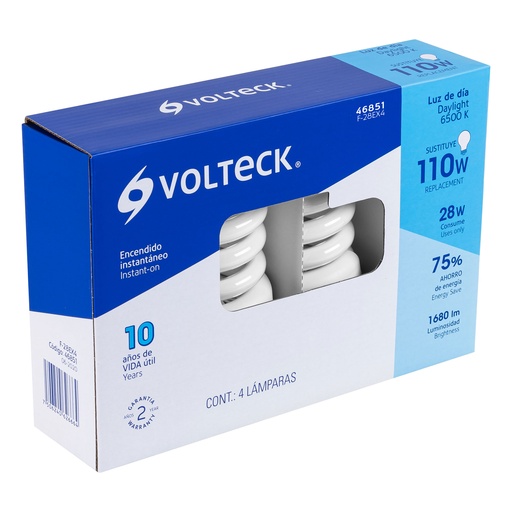 [46851] Pack 4 lámparas espiral T4 28 W luz de día, caja, Volteck