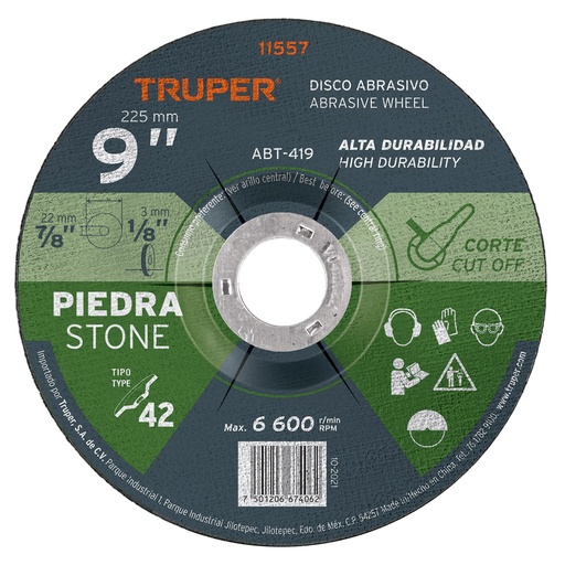 [11557] Disco Tipo 42 de 9' x 3.2 mm para corte de piedra, Truper