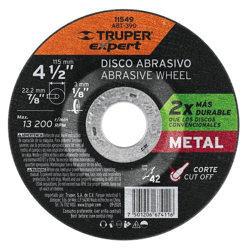 [11549] Disco Tipo 42 de 4-1/2' x 3.2 mm corte metal, Truper Expert