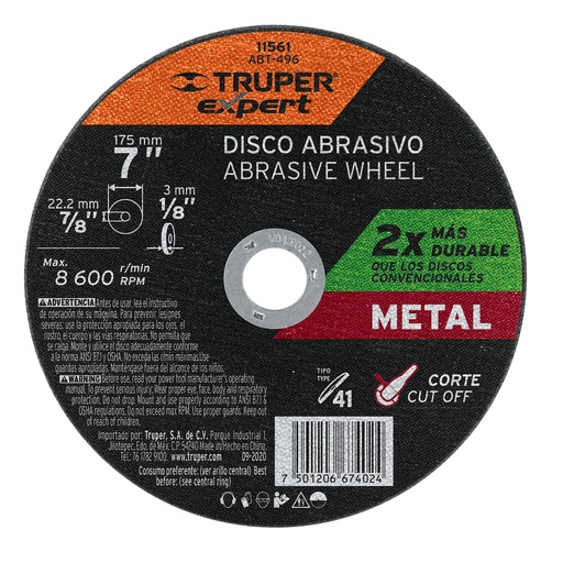 [11561] Disco para corte de metal, tipo 41, diámetro 7' Expert