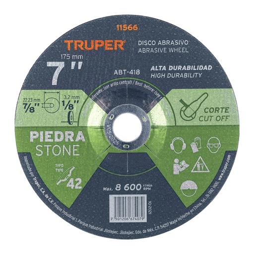 [11566] Disco Tipo 42 de 7' x 3.2 mm para corte de piedra, Truper