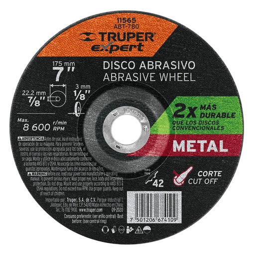 [11565] Disco Tipo 42 de 7' x 3.2 mm corte metal, Truper Expert