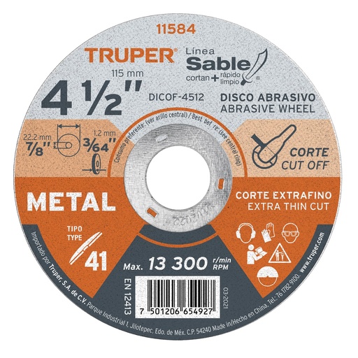 [11584] Disco Tipo 41 de 4-1/2' x 1.2 mm corte fino de metal, Sable