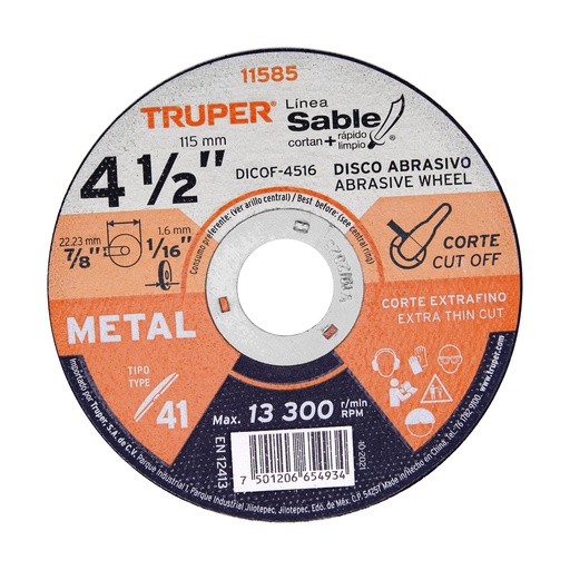 [11585] Disco Tipo 41 de 4-1/2' x 1.6 mm corte fino de metal, Sable