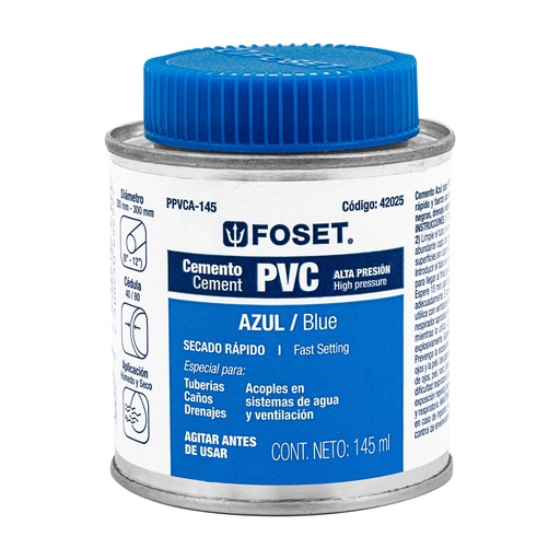 [42025] Cemento azul para PVC en bote de 145 ml, alta presión, Foset