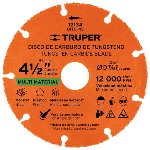 [12134] Disco 4-1/2' multimaterial de carburo de tungsteno, Truper