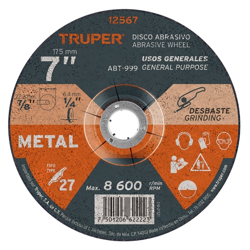 [12567] Disco Tipo 27 de 7' x 6.4 mm para desbaste de metal, Truper