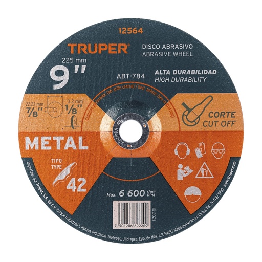 [12564] Disco Tipo 42 de 9' x 3.2 mm para corte de metal, Truper
