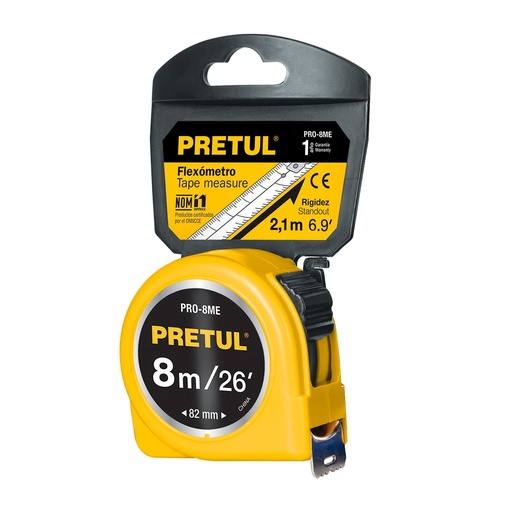 [21603] Flexómetro amarillo 8 m cinta 25 mm, en tarjeta, Pretul