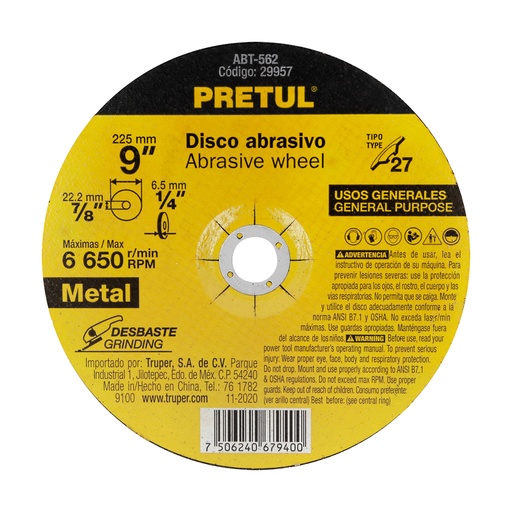 [29957] Disco Tipo 27 de 9' x 6.2 mm desbaste de metal, Pretul