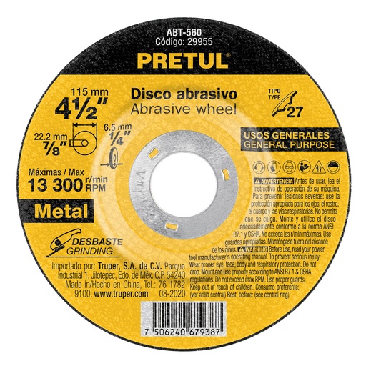 [29955] Disco Tipo 27 de 4-1/2' x 6.2 mm desbaste de metal, Pretul