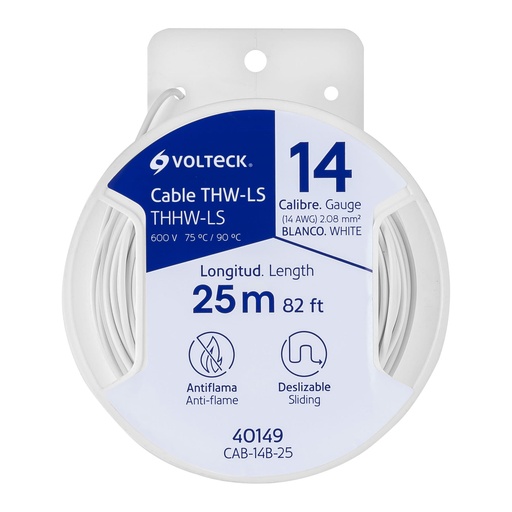 [40149] Carrete con 25 m de cable THHW-LS 14 AWG blanco, Volteck