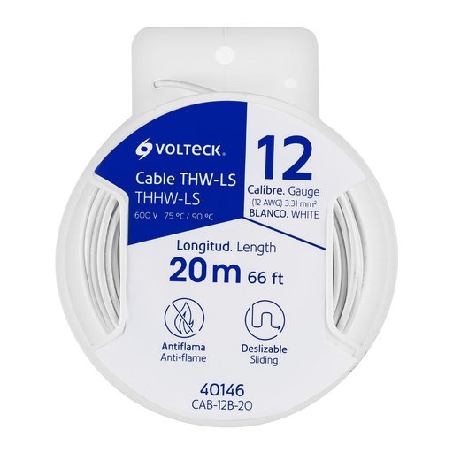 [40146] Carrete con 20 m de cable THHW-LS 12 AWG blanco, Volteck