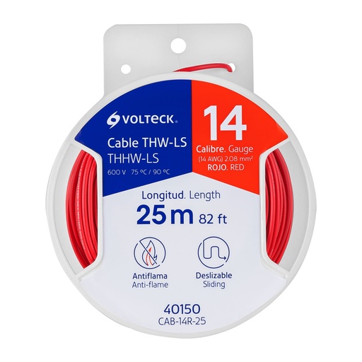 [40150] Carrete con 25 m de cable THHW-LS 14 AWG rojo, Volteck