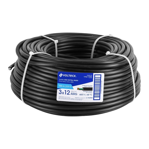 [40006] Metro de cable uso extra rudo 3 x 12 AWG en rollo de 100 m