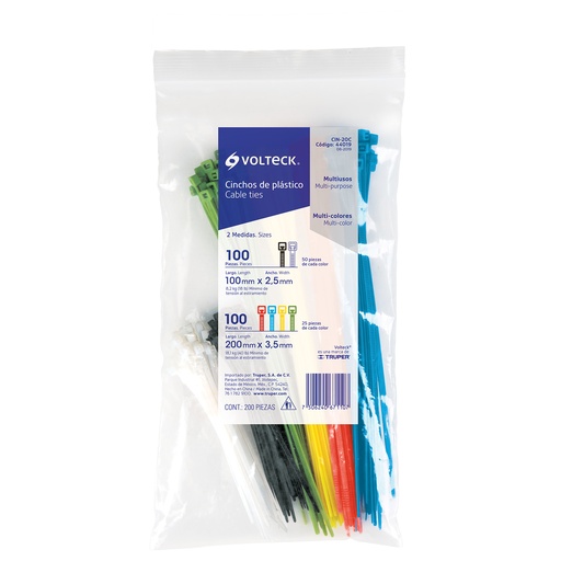 [44019] Bolsa con 200 cinchos plásticos en colores surtidos, Volteck