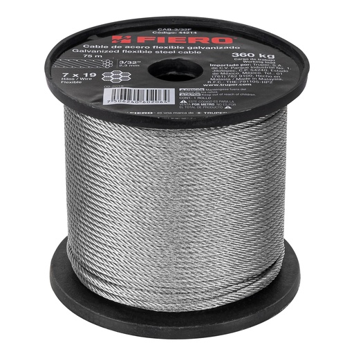 [44214] Metro de cable flexible 3/32' de acero 7x19 hilos, 75 m