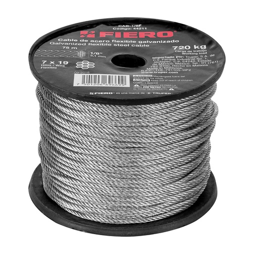 [44211] Metro de cable flexible 1/8' de acero 7x19 hilos, 75 m