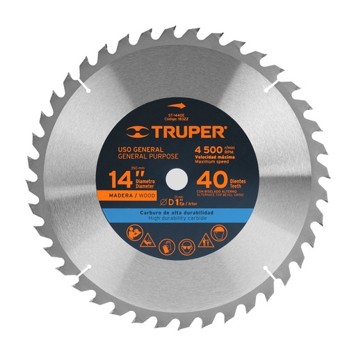 [18322] Disco sierra 14' para madera, 40 dientes centro 1', Truper