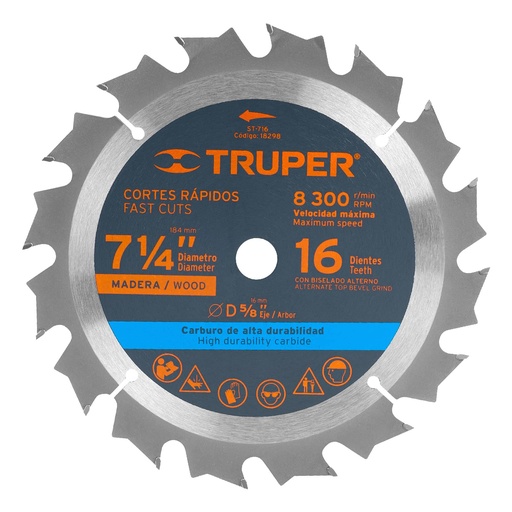 [18298] Disco sierra 7- 1/4' para madera, 16 dientes centro 5/8'